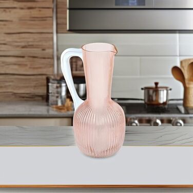 Elle Decor Ribbed Glass Carafe | Water Pitcher for Iced Tea, Wine Decanter, Mixed Drinks, and Beverages | Glass Carafe for Mimosa Bar | 1.1L Sangria Pitchers for Parties | 12 cm D x 24 cm H (Pink)