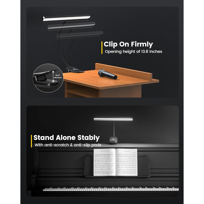 Світлодіодна лампа для нот Glocusent 81 LED: кліпса на пюпітр, 3 кольори, 5 рівнів яскравості, USB-C, до 140 годин, для піаніно, чорна
