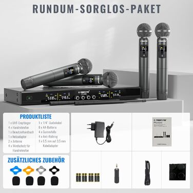 Набір бездротових мікрофонів Phenyx Pro PTU-5200: 4 динамічні мікрофони, UHF, 200ft, для співу, караоке, церкви, DJ