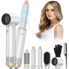 Airstyler 5 в 1: Фен-щітка для волосся, 1000W, білий. Створення об'єму, сушка, укладка, завивки. Підходить для всіх типів волосся. Набір з автоматичними локонами