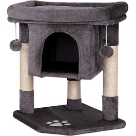 Lionto Scratching Post for Cats with Cave & 2 Plush Balls incl. Bell, Height 60 cm, Cat Tree with Robust Sisal Rope & Soft Plush, Cozy Lying Area, for Small & Large Cats (Dark Grey)