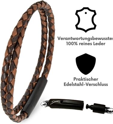 Преміум шкіряний браслет ручної роботи з Німеччини, унісекс. Шкіряний браслет-обгортка з нержавіючої сталі, коричневий, розмір XL (18-19 см)