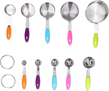 10-Piece Measuring Cup and Spoon Set, Stainless Steel Measuring Spoon Set with Silicone Handle and Scale, Measuring Cup Spoon Set in Various Sizes, for Home (16.5oz-Color)