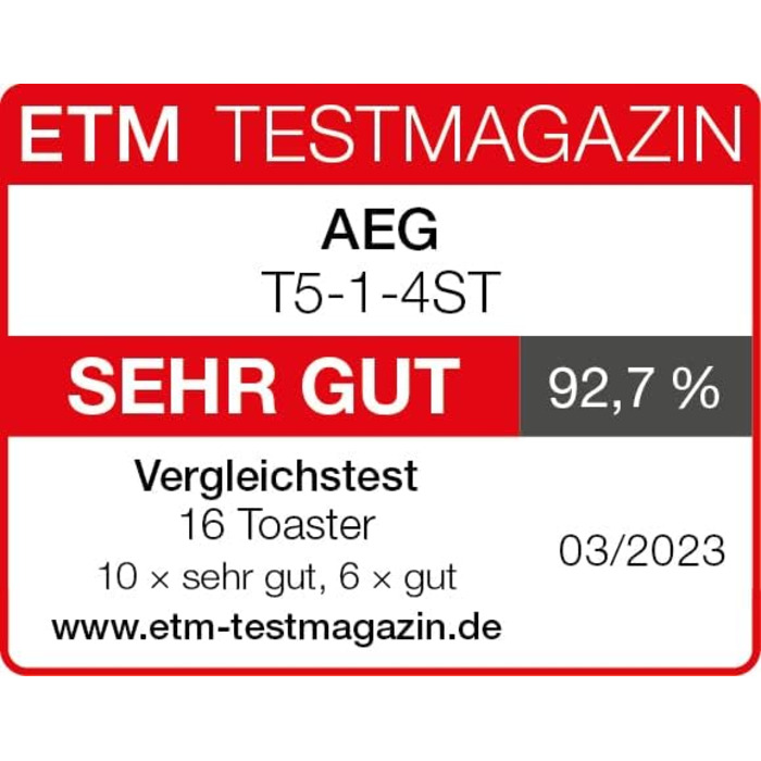 Тостер AEG T5-1-4ST Deli 5 з 7 режимами, таймером, функціями стоп, розморожування, підігріву, автоматичним центруванням, корпусом Cool-Touch, широкими слотами, піддоном для крихт, нержавіюча сталь