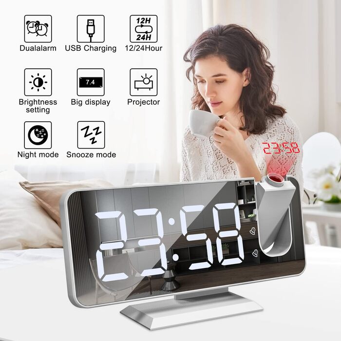 Exmate Projection Alarm Clock, Digital Alarm Clock with Projection, USB Charging Port, 7.5'' Large Mirror-LED Display, Snooze Dual-Alarm, Adjustable Brightness (White with Adapter)