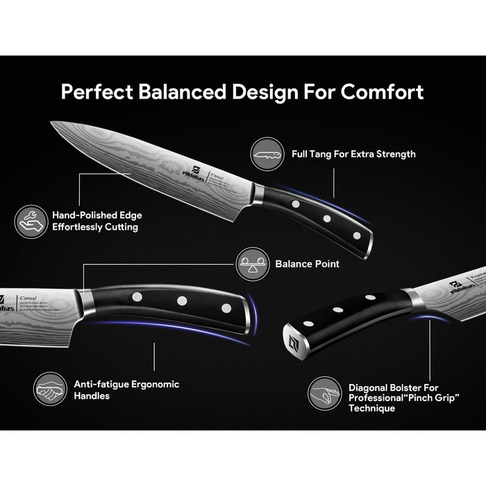 Набір кухонних ножів Piklohas 17 предметів з блоком, професійний набір з підставкою з дерева, з дамастним візерунком, з точилкою