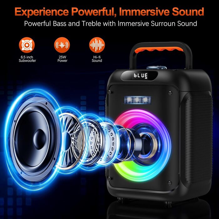 Караоке машина з 2 бездротовими мікрофонами, Bluetooth колонка з RGB-підсвіткою для дорослих/дітей, караоке апарат для дому, вечірок, PA-система, Party Box, Black-2Mic