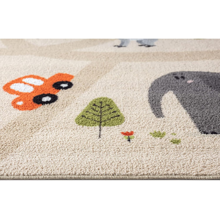 Дитячий килим Happy Life: ігровий килимок з малюнком дороги, джунглі, тварини та машинки, антиковзкий, бежевий 80x150 см