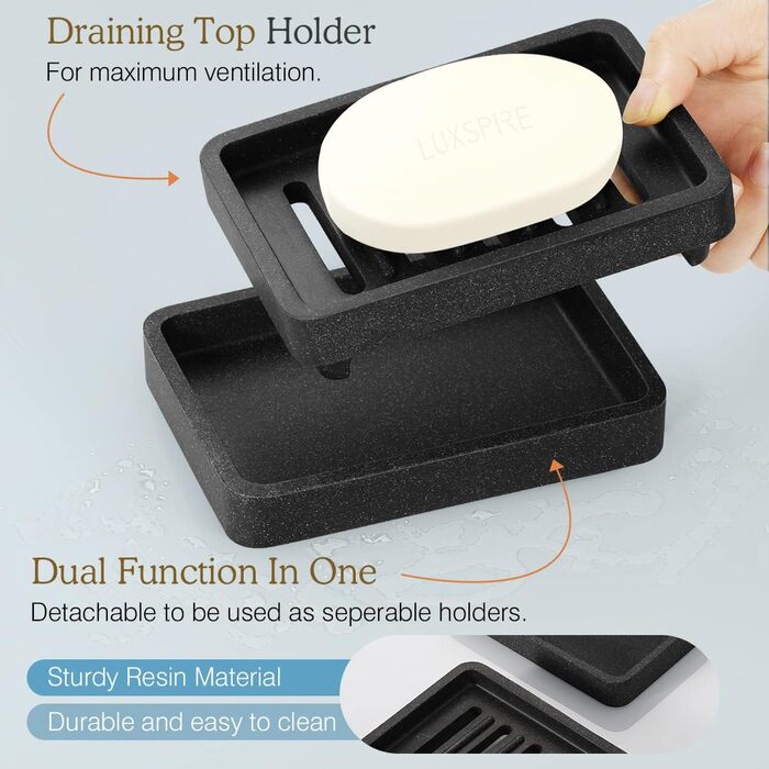 Підставка для мила Luxspire з двошаровим покриттям, чорний колір, з текстурою гальки, швидковисихаюча, для кухні, ванної кімнати, душу