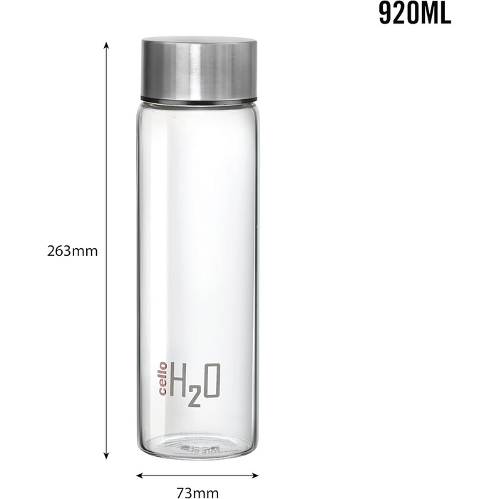 H2O Steelox Glass Water Bottle, Refrigerator Bottle, Wide Opening for Easy Cleaning, Bottle for Hotel, Travel, Office, University, 3-Piece Set, 920 ml, Silver