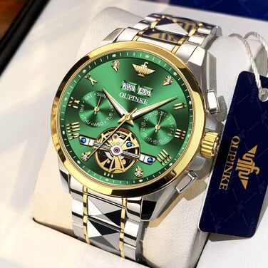 Годинник чоловічий OLEVS Automatik Skelett з автопідзаводом, механічний, люкс, з діамантами, сапфірове скло, водонепроникний, браслет з вольфрамової сталі (3186 Зелений/Золотий)