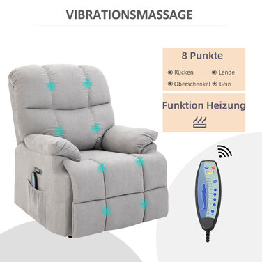 HOMCOM Massage Chair with Rise Assist, Recliner, TV Chair with Heat Function, Adjustable Angle, USB, Remote Control, Short Plush, Grey, 83x95x105 cm