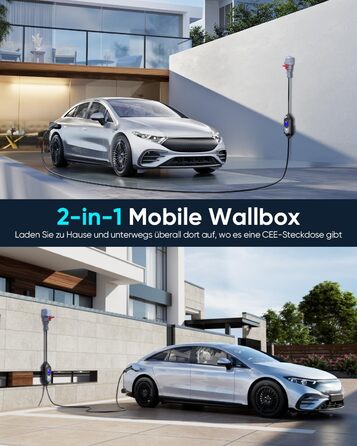 Мобільна зарядна станція для електромобіля 11 кВт (3 фази, IP67, 6-16A, 6м) з кабелем CEE 16A на Typ 2. Регульована потужність, CEE-розетка. Комплект: сумка + кріплення на стіну