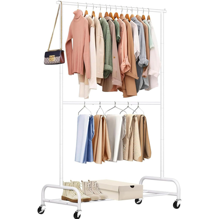 MISSLO Heavy-Duty Clothes Rack Double, Metal Clothes Rail on Wheels Stable Mobile Coat Rack for Coats, Shirts (White)