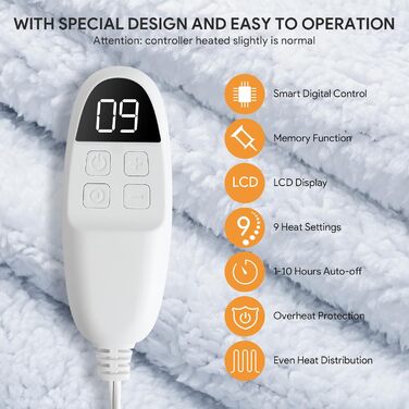 Електрична ковдра Olycism з автовимкненням, 160x130 см, 10 режимів нагріву, таймер, захист від перегріву, для дому та офісу, сіра