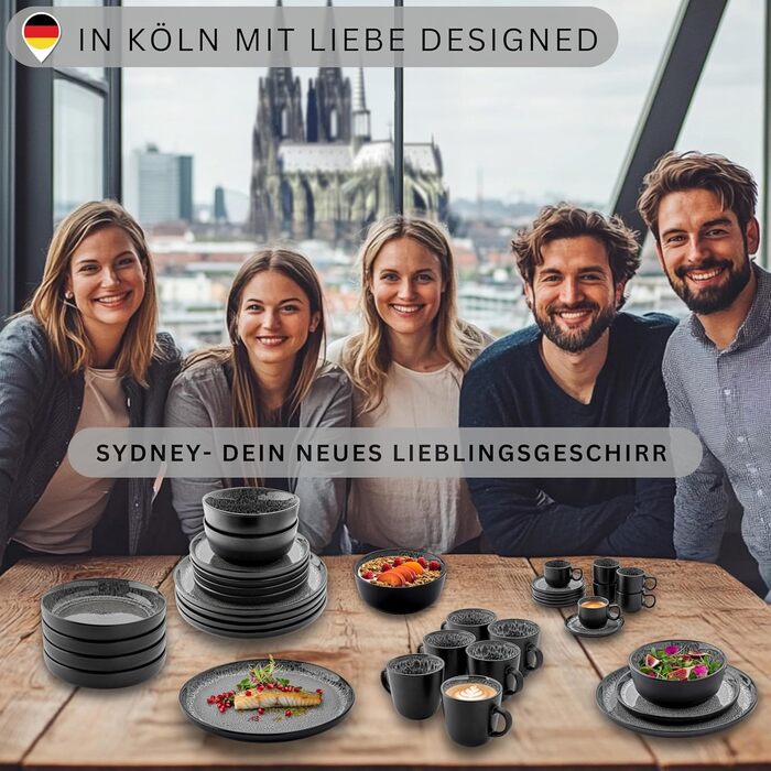 Набір посуду SÄNGER Sydney 30 предметів: тарілки, чашки, миски, тарілки для пасти. Набір посуду з кераміки, темно-сірий, для 6 осіб. Стійкий до подряпин, можна мити в посудомийній машині та використовувати в мікрохвильовій печі.
