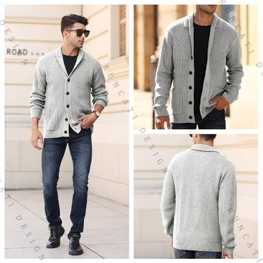 Чоловічий кардиган Runcati з грубого в'язання, з коміром-стійкою, з довгими рукавами, на ґудзиках, сірий, XL