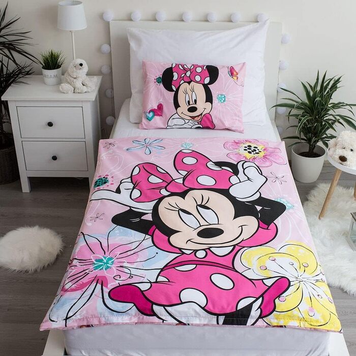 Комплект постільної білизни Minnie Mouse з метеликами, рожевий, 100% бавовна, 100x135 см, 40x60 см