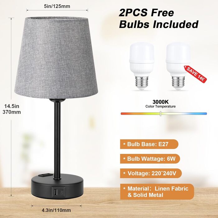 Настільна лампа Kakanuo з торшером, 2 шт., з USB-портами A+C, диммер, LED, для спальні, вітальні, дитячої кімнати, офісу (сірий/чорний)
