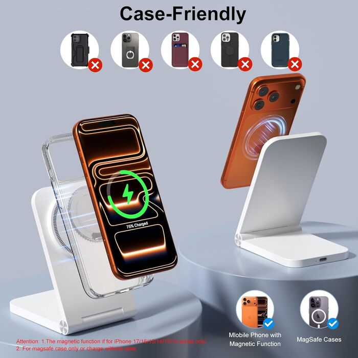 Бездротова зарядка MagSafe, складана, швидка, сумісна з iPhone 17, 16, 15, 14, 13, 12, AirPods 3/2/Pro 2/Pro (G240 White)