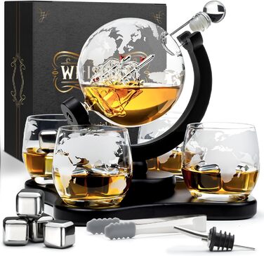 Whiskey Carafe Set - Whiskey Gift Set - Gifts for Men - Men's Gifts Gift - Birthday Gift for Men - Globe Decanter 900ML, Gift Box, 4 Whiskey Glasses, 4 Whiskey Stones