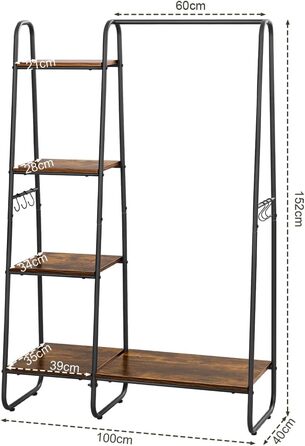 Clothes Rack, Stable Wardrobe, Clothes Rail with 5 Shelves, 6 Hooks, Black Metal Coat Rack, Freestanding Coat Stand