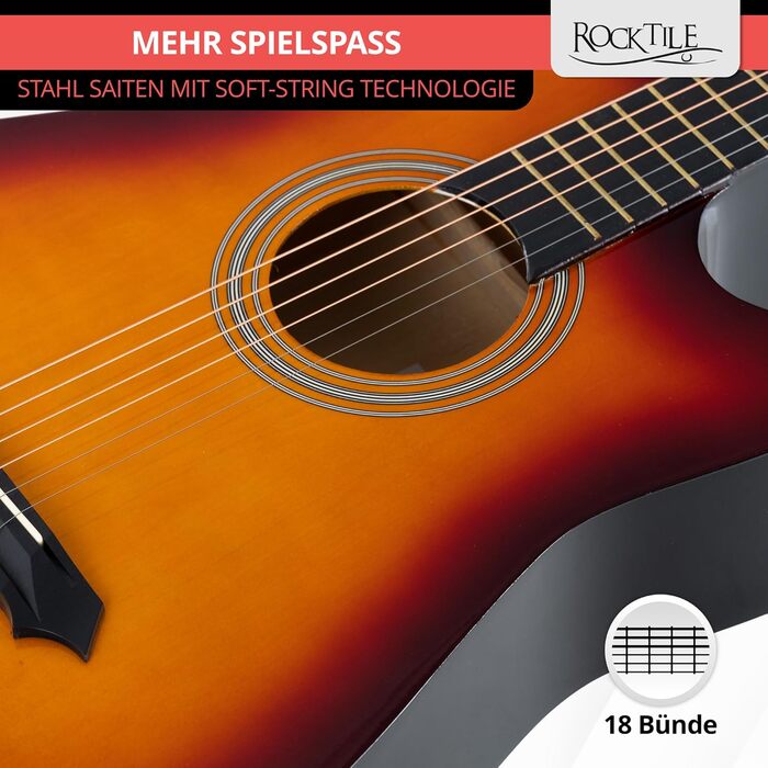 Rocktile WSD-5C-SB: Акустична гітара Westerngitarre Slim Line Dreadnought - Комплект з чохлом, струнами, ременем та медіатором - Sunburst