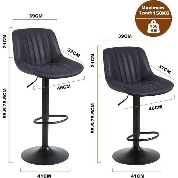 Youhauchair Adjustable Swivel Bar Stools with Backrest - PU Leather, Modern Kitchen Bar Stools (2-Pack, Black)