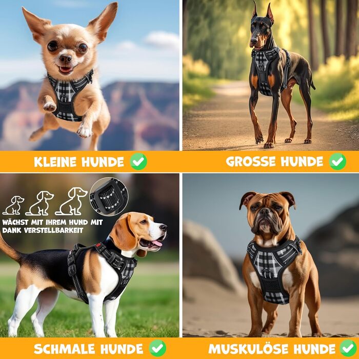 Шлейка для собак без натягу та задухи, дихаюча та м'яка, світловідбиваюча | Без натягу | З ручкою - (L, Сірий у клітинку)