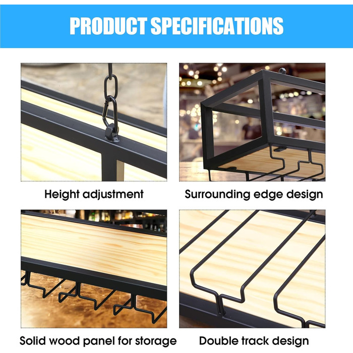DSVONAUS Ceiling Shelf, Wine Rack, Height-Adjustable Decorative Shelf, Retro Iron and Solid Wood Ceiling Shelf, Single Layer, For Bars/Restaurants/Kitchens (120 * 25 * 100cm)