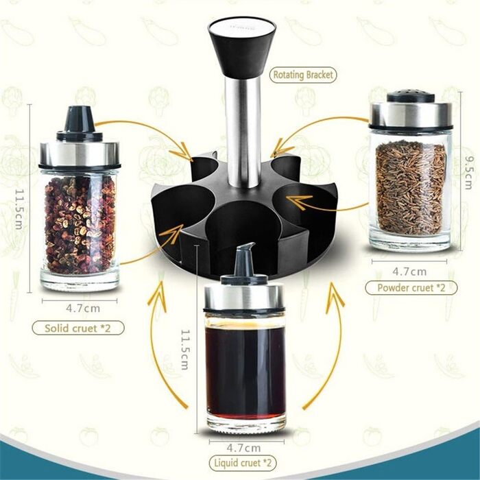 Spice Jar Oil Bottle Salt and Pepper Shakers Glass Jars with Rotating Holder, 100ml (6-Jar)