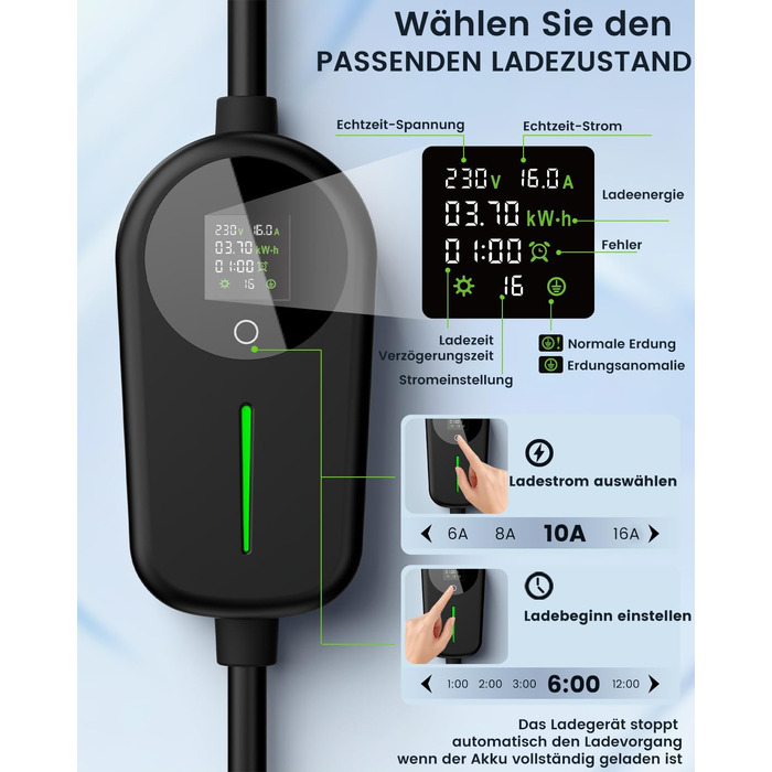 Зарядний кабель для електромобіля EzGoGo Type 2 (Schuko), 3.7 кВт, 6-16А, довжина 6.1 м