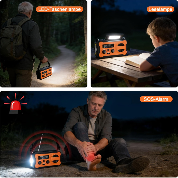 Радіоприймач FIVAVA на сонячних батареях з ручним заводом, Powerbank 10000mAh, SOS-сигнал, LED-ліхтарик, USB. Для кемпінгу, надзвичайних ситуацій (Помаранчевий)