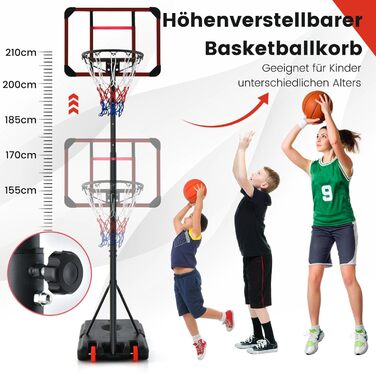 COSTWAY Adjustable Height Basketball Hoop System - Mobile Outdoor Basketball Stand with PC Backboard and Wheels (155-210cm)