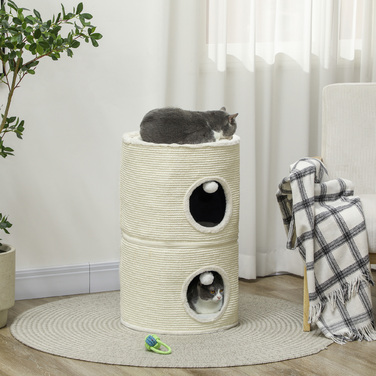 PawHut Драбина для котів, 69 см у висоту, котячий будиночок з 2 печерами, ігральцею, роздільна котяча драбина, котяча вежа для котів до 5 кг, кремово-білий | Aosom
