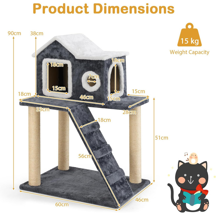 Драбина-кіготь для котів SOARS, 90 см, сірий котячий будиночок з сизалю