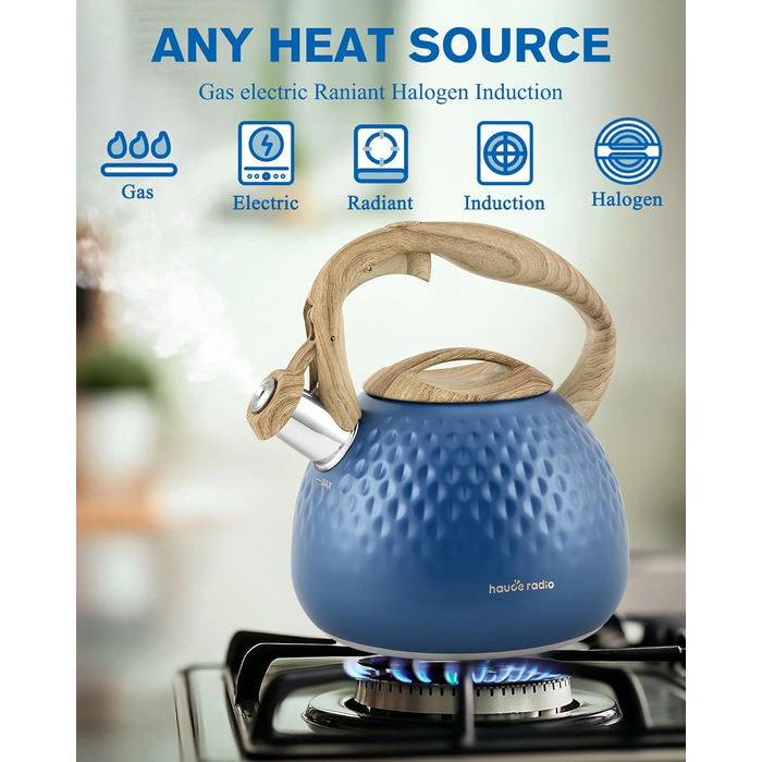 Чайник для заварювання Teekessel 2,7 л з емальованим покриттям, зелений, з імітацією дерева, з носиком, з нержавіючої сталі, антижаростійка ручка, оливковий/темно-синій