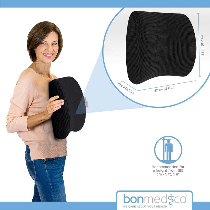 Подушка для офісного крісла Bonmedico з піни Memory Foam: поперекова підтримка для офісу, авто та дому, ергономічна спинка, чорна, підтримка попереку (X-Small)