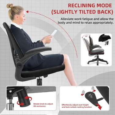 Ергономічне крісло для офісу з регульованою поперековою підтримкою, відкидні підлокітники 90°, дихаюча сітчаста оббивка, регульована висота та функція пересування для дому та офісу, чорне