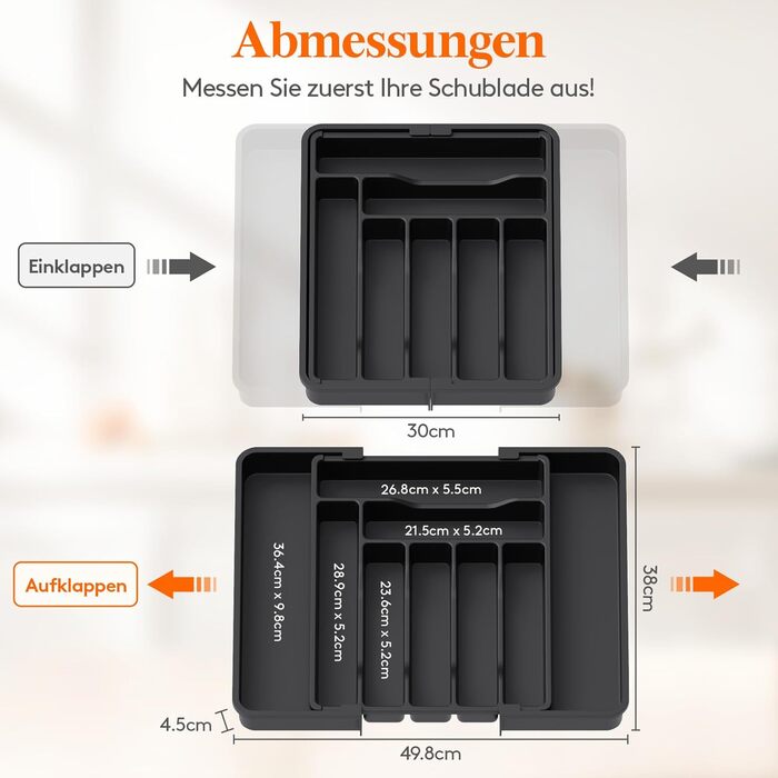 Органайзер для столових приборів Lifewit в шухляду, розсувний, пластиковий, 7-9 відділень, 38-50 см, чорний