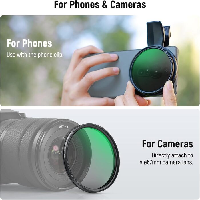 NEEWER 67mm Кріплення для CPL фільтра для смартфонів: циркулярний поляризаційний фільтр для об'єктивів камери, фотографія, сумісний з Android, Samsung Galaxy S25 Ultra, Google Pixel, Huawei, Xiaomi