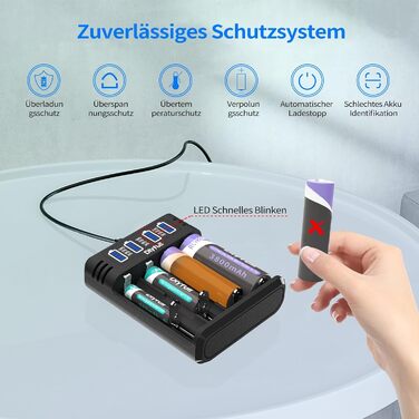 Зарядний пристрій Dlyfull для акумуляторів 18650, 4 слоти, USB-C, LED дисплей, швидка зарядка, сумісний з 18650, 21700, 17500, 16340, 26650, AA, AAA, C, 3.7V Li-Ion та 1.2V NI-MH/NI-CD