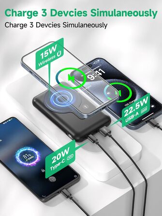 Портативний зарядний пристрій 20000mAh з MagSafe, PD 22.5W, USB-A, магнітне підключення, бездротова зарядка 15W, LED дисплей, чорний