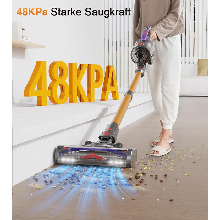 Бездротовий акумуляторний пилосос CHEBIO 580W з LED-дисплеєм, антизаплутувальною насадкою та потужністю 48000Pa. Підходить для прибирання підлоги, килима та шерсті тварин.