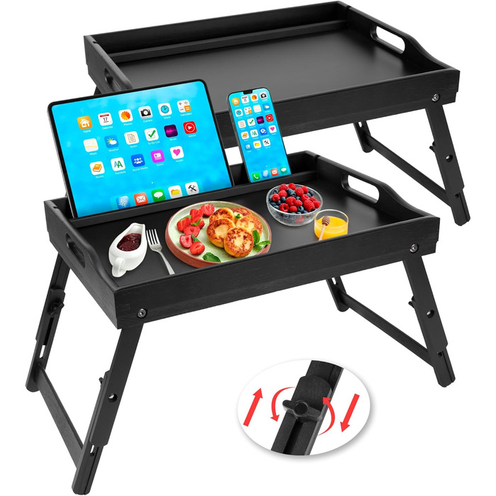 Бамбукове піднос-столик Greenual з ручками, складними ніжками, слотом для медіа, чорного кольору (2 шт.)