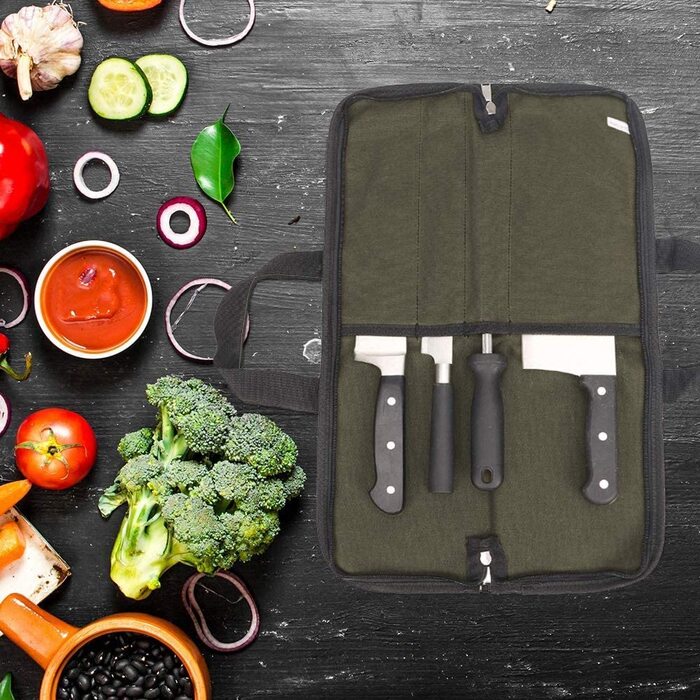 QEES 4-Compartment Knife Storage Case, Knife Pouches for Small Kitchen Knives, Chef's Knife Bag, Kitchen Tool Bag for Kitchen Knife Set (Army Green)