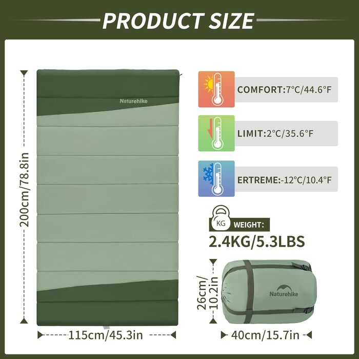 Спальний мішок Naturehike YC для 2 осіб, 3-4 сезони, для дорослих та дітей, зелений