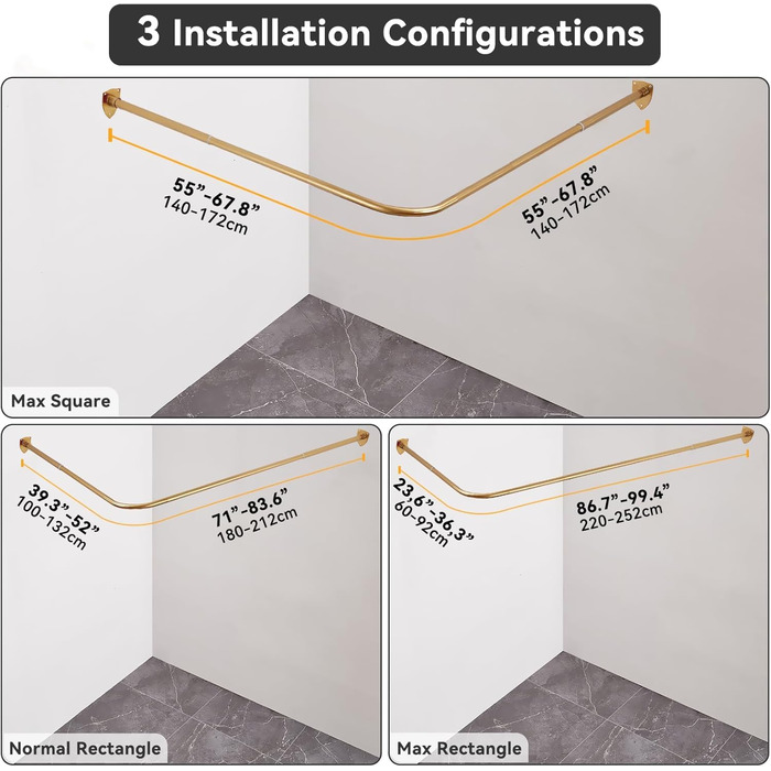 Штанга для душу L-подібної форми, регульована, з кріпленням для гардини та опорою для верхньої частини, для ванни/ванної кімнати, монтаж на свердління (Золото, 100-175см x 140-214см)