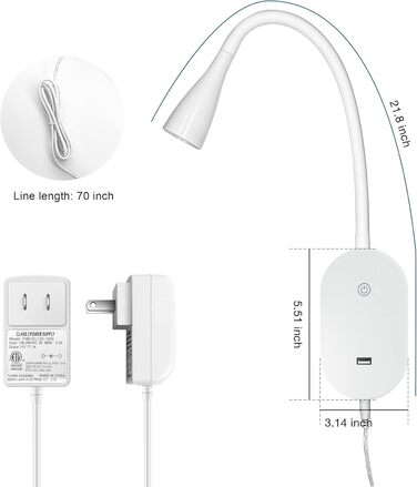 Нічник-лампа для читання Wandleuchte з USB, 5 рівнів яскравості, сенсорне керування, гнучкий кронштейн, білий