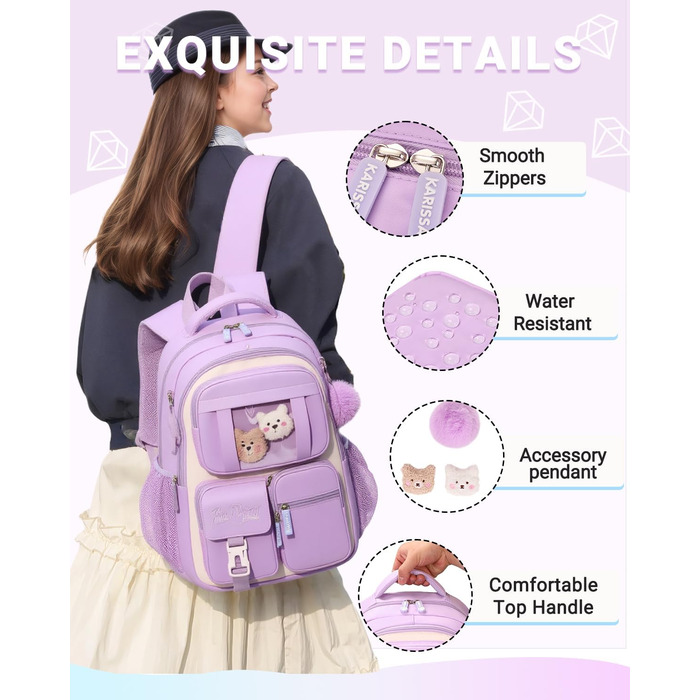 Дитячий рюкзак для школи DivingBirds для дівчаток 2-7 клас, 22L | Легкий, з дихаючим вкладишем спинки та м'якими лямками | Рюкзак для підлітка 7-10 років (фіолетовий)